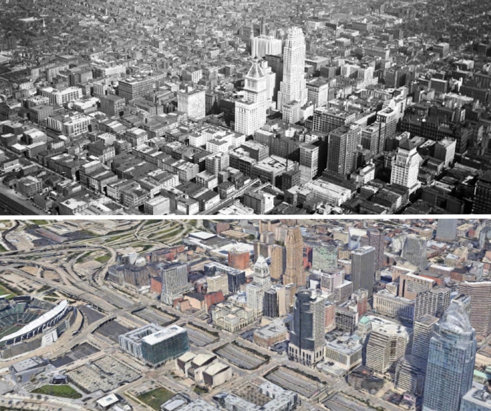 Downtown Cincinnati before and after the construction of Fort Washington Way