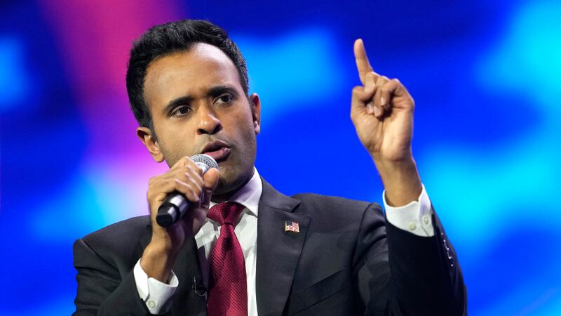 FILE - Republican presidential candidate Vivek Ramaswamy speaks during the Turning Point...