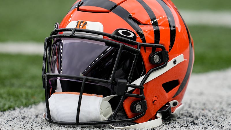 A Cincinnati Bengals helmet sits on the sidelines during an NFL football game against the...