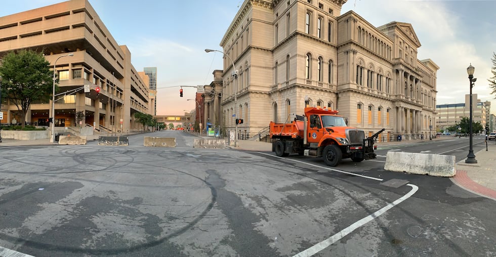 Barricades were set up in downtown Louisville Tuesday morning.