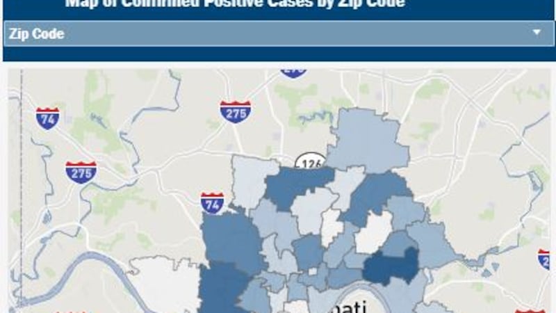This map, created by the City of Cincinnati, tracks positive coronavirus cases by zip code.