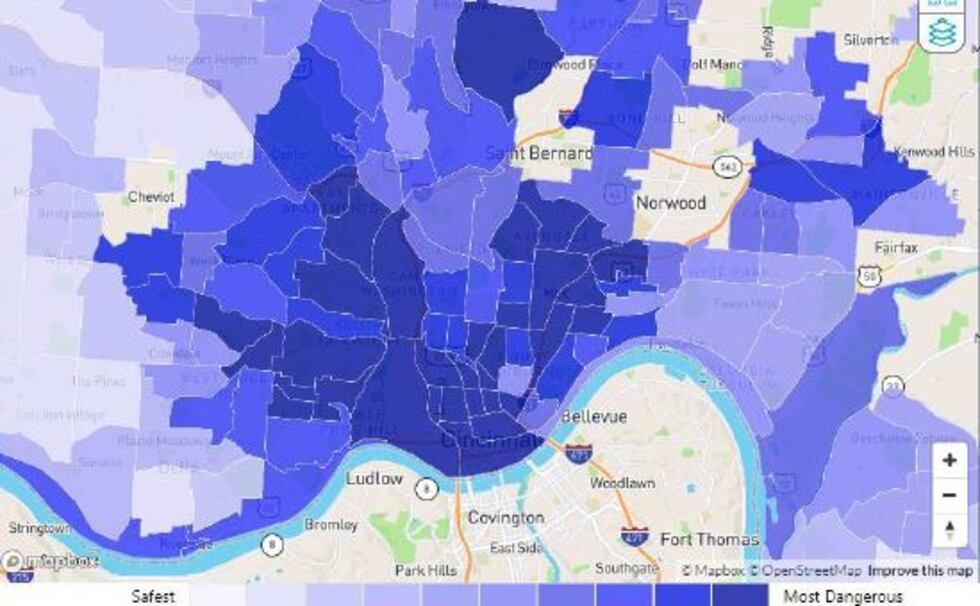 A map of the city shows the safest and most dangerous areas.