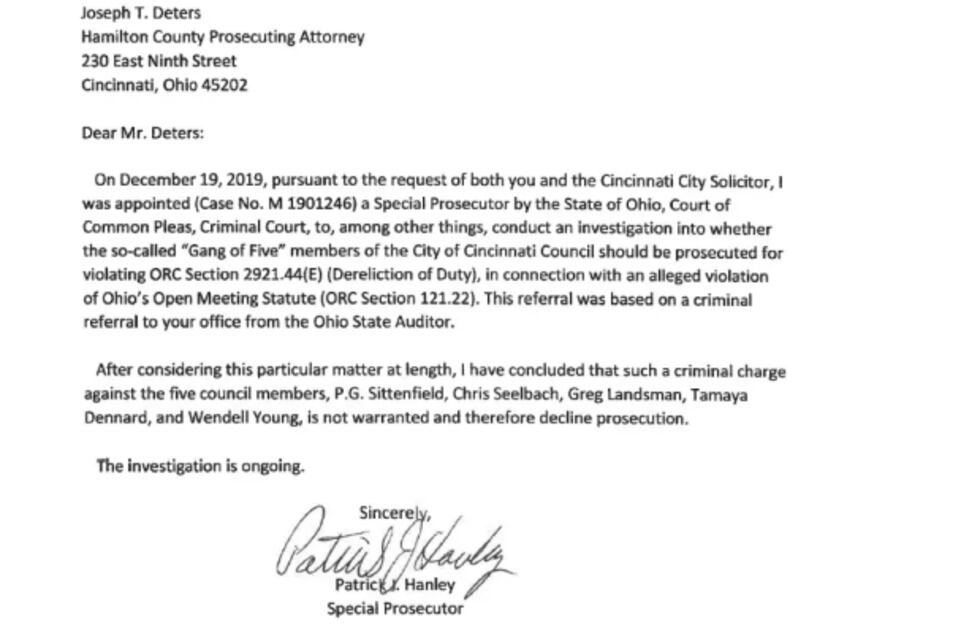 This is the letter Special Prosecutor Patrick Hanley wrote Hamilton County Prosecutor Joe...