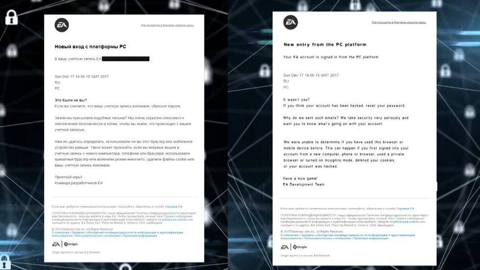 The email in Russian shown on the left is what Electronic Arts sent notifying Stephens about...