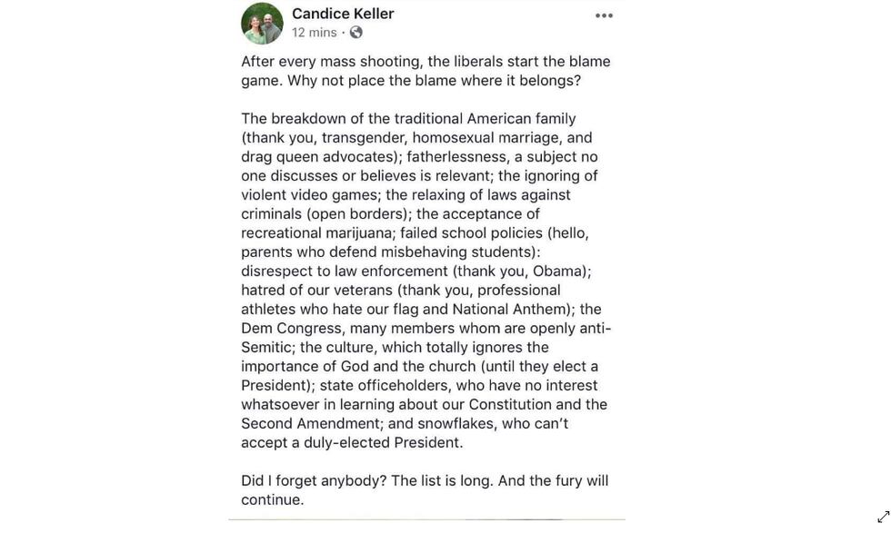 A Facebook post on the personal page of State Rep. Candice Keller, R-Middletown, about the...