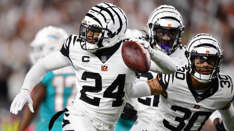 Cincinnati Bengals safety Vonn Bell (24) celebrates after intercepting the ball during the...