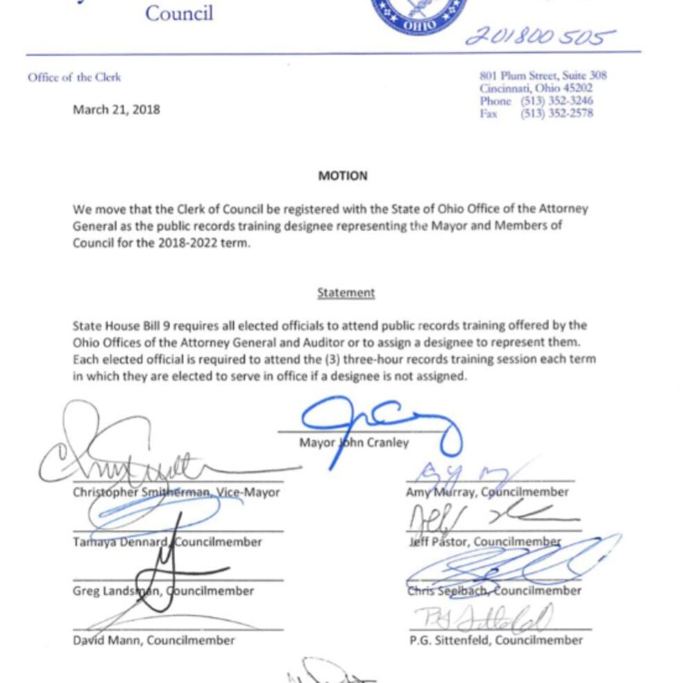 March 21, 2018 motion showing Cincinnati City Council appointing Clerk of Council public...