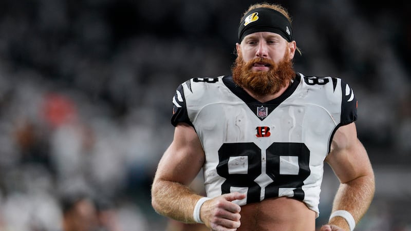 Cincinnati Bengals tight end Hayden Hurst (88) leaves the field after his NFL football game...