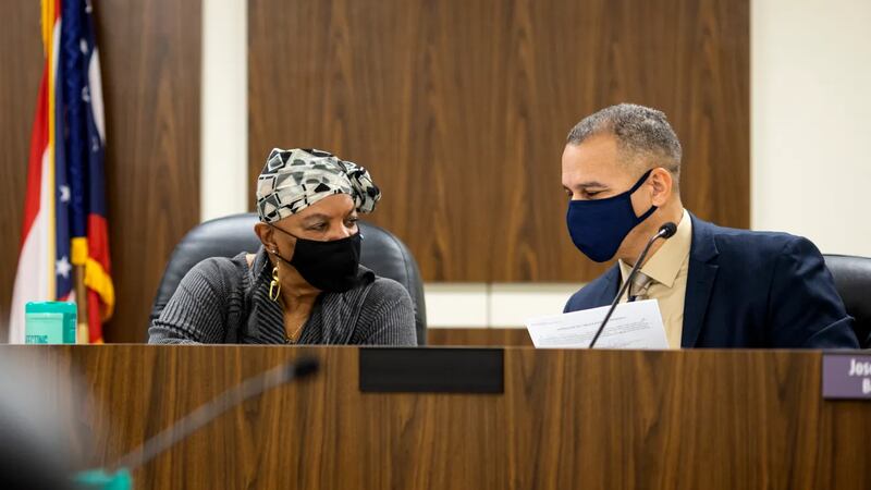 Hamilton County Board of Elections Member Gwen McFarlin and Joseph Mallory confer during the...